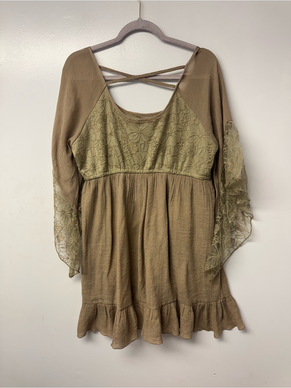 Rebellion Again Taupe Lace Bell Sleeve Babydoll Mini Dress M Western Boho C5 - Picture 3 of 10